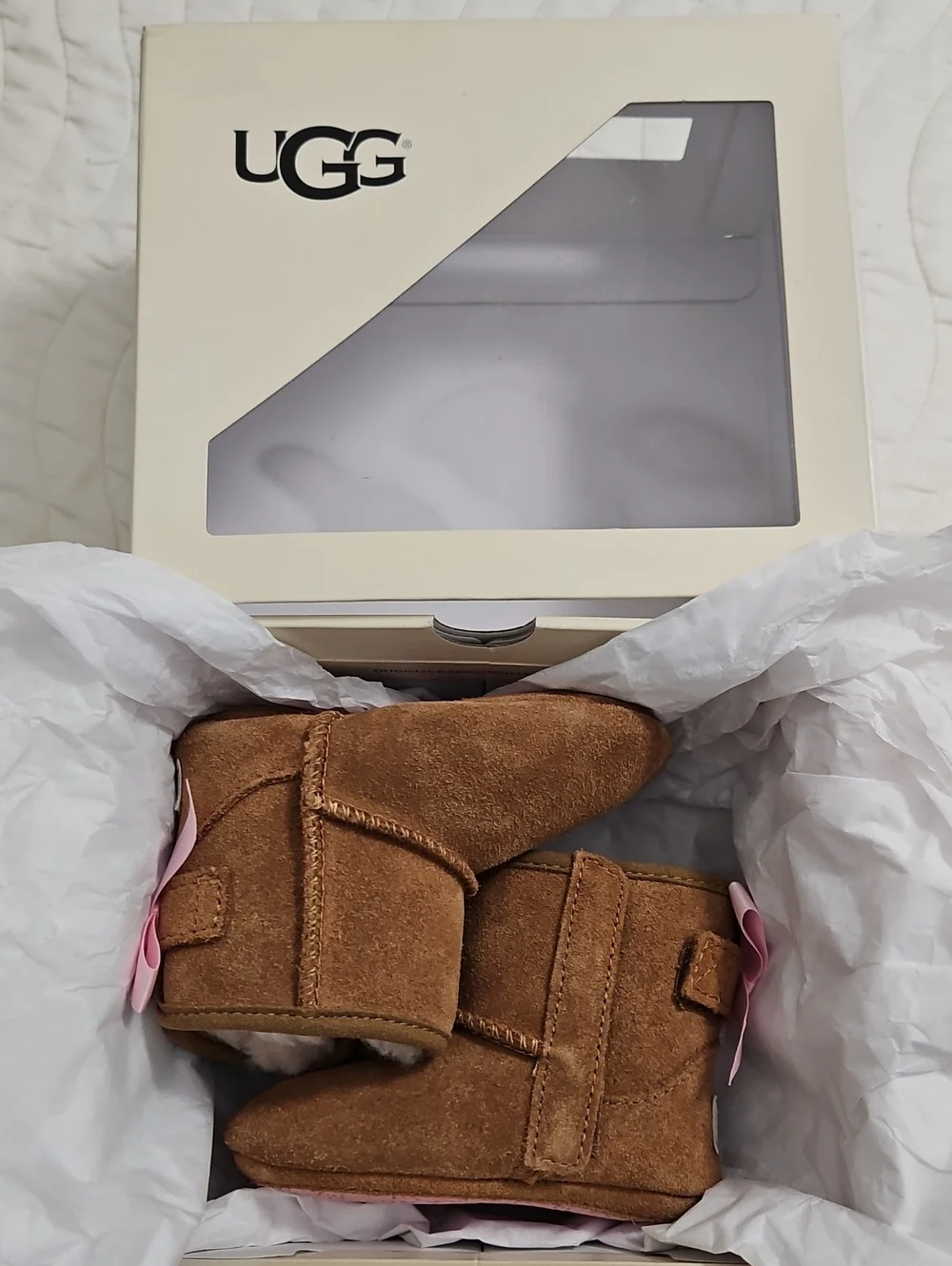 UGG Chestnut Suede Baby Booties with Pink Bows